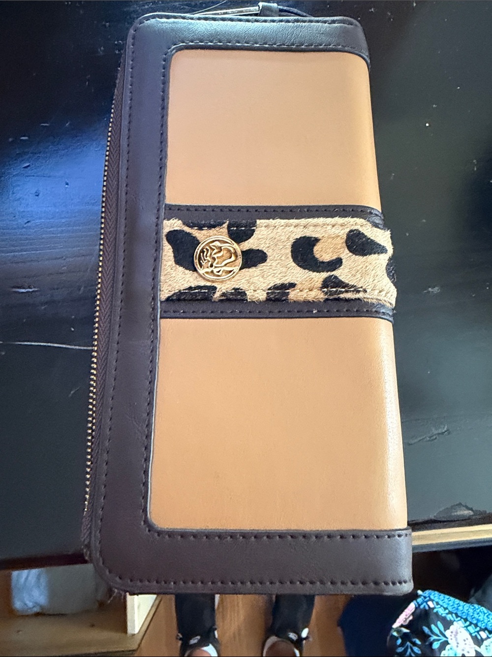 Spartina 449 Tan and Brown Leopard-Accent Zip Wallet